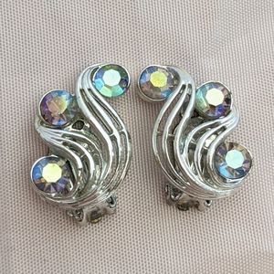Vintage silver & Aurora Rhinestone clip earrings